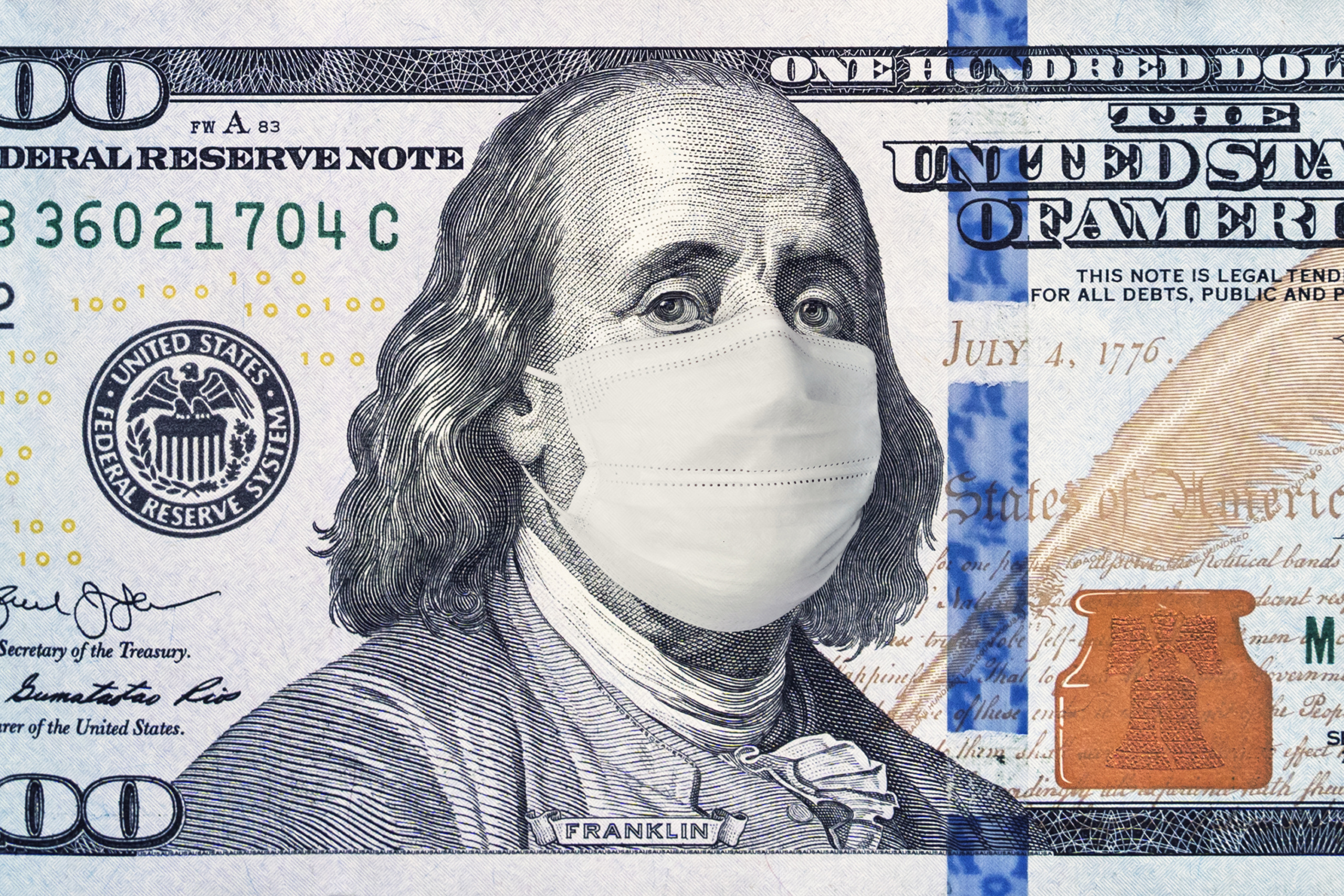 $100 bill with Benjamin Franklin wearing a face mask